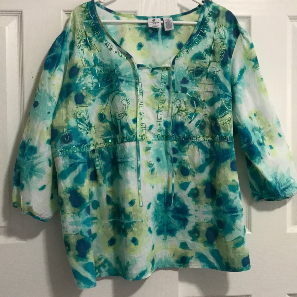 Caribbean Joe blue & green fun tie dye look top